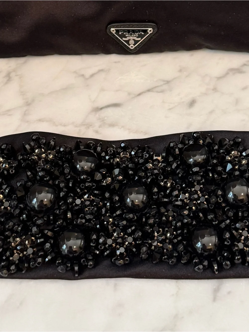 Prada Black Beaded Satin Headband with Elastic Back